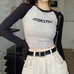 Kirjatr&uuml;kiga T-s&auml;rk naiste kevadised pikkade varrukatega lapilised topid Mood Retro Kontrastv&auml;rv K&auml;rbitud Top Kuumad T&uuml;drukud Kpop Skinny Y2K Tees S sinine
