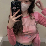 Crop Tops Korea naiste T-s&auml;rgid O-kaelusega pikkade varrukatega Kontrastv&auml;rvi tuunika T-s&auml;rgid Mood vabaaja magus Y2k T-s&auml;rk S roosa