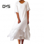 Naiste midikleit, &uuml;mara kaelusega l&uuml;hikeste varrukatega mitmekihiline l&otilde;hikuga &uuml;hev&auml;rviline kleit, vaba istuvusega vabaajakleit M helesinine v&auml;rv