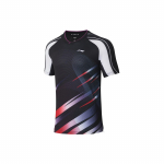Li Ning lauatennise seeria triibulise prindiga logo kiiresti kuivav V-kaelusega l&uuml;hikeste varrukatega tavaline T-s&auml;rk meestele &uuml;laosad must AAYS237-3 M