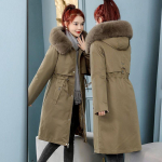 Naiste talveparka eemaldatava sisevoodriga, Korea stiilis pikk lahtine pluss-suuruses paksendatud puuvillast mantel M khaki