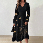 Naiste vabaajamoe V-kaelusega pikkade varrukatega lillemustriga pikk kleit L must