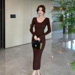 S&uuml;gisel ja talvel uus Slim Fit alusega kootud seksikas kleit Naiste elegantne keskmise pikkusega V-kaelusega kampsun kleit Naiste massiivne k&otilde;rge v&ouml;&ouml;kohaga vabaaja peokleidid 25956 One Size roosa