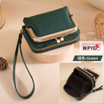 Uue disainiga ehtsast nahast akordion-kaardihoidja RFID-kaitsega Naiste stiilne kaasaskantav rahakott randmerihmaga Kuldse kattega &otilde;mblusdetail tumeroheline v&auml;rv