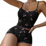 Yousheng 2 tk/komplekt naiste vest L&uuml;hikesed p&uuml;ksid &uuml;likond Bow Cherry Print U kaelusega varrukateta &uuml;laosa k&otilde;rge v&ouml;&ouml;kohaga l&uuml;hikesed p&uuml;ksid Kodur&otilde;ivad Salongiriided Riided Suvised magamisriided S roosa/valge