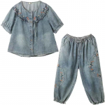 Naiste kevad-suvine korea stiilis vabaaja retro denim komplekt: teksad, denim s&auml;rk, elastse v&ouml;&ouml;kohaga teksap&uuml;ksid, 2-osaline suur number XXXL sinine