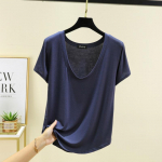 Suvine &uuml;hev&auml;rviline modaalkangast U-kaelusega l&uuml;hikeste varrukatega T-s&auml;rk naistele, pluss suuruses, aluskiht, &otilde;hukese l&otilde;ikega, vaba &uuml;laosa pealisr&otilde;ivaste jaoks, naiste T-s&auml;rgid XXL denim sinine v&auml;rv