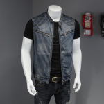 Meeste suure suurusega &otilde;lapaelteta teksist mootorratturi vest p&uuml;stkraega L denim sinine v&auml;rv