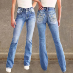 Naiste K&otilde;rge V&ouml;&ouml;koht Kahe N&ouml;&ouml;biga Bootcut Teksap&uuml;ksid Kevad Suvi Tagatasku Tikitud Venivad Slim Fit T&auml;ispikkuses Denim P&uuml;ksid S sinine