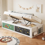 Puidust voodi LuxeLiving Lastevoodi h&uuml;draulilise panipaiga, tahvli ja raamaturiiuliga, 90x200 cm 90x200 cm valge