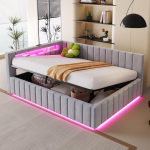 Polsterdatud voodisofa 140x200, h&uuml;draulilise panipaiga, LED-valgustuse ja USB-laadimispistikuga, seljatoe, peatsi ja voodiraamiga, sametkangas helehall 208.5 x 147 x 78 cm hall