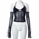 K&uuml;berseksikas suvised p&auml;itsetega topid Tumedad Y2k Punk-v&otilde;rgust l&auml;bipaistvad T-s&auml;rgid Naiste pitsilised Techwear Must lapiline l&otilde;hestatud riided 20694 S must