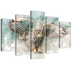 Viieosaline piltl&otilde;uendiprint 5 t&uuml;kki Owl Birds Nature Animals 100x70 roheline