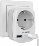 TESSANi kompaktne pistikupesa 2 USB-pordiga, kolm &uuml;hes EU-pistikuadapter koos &uuml;lekoormuskaitsega kontorisse, koju, reisile 1 Outlet & 2 USB Ports hall v&auml;rv