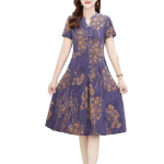 Naiste suvekleit V kaelusega pikkade varrukatega Hiina stiilis l&uuml;hikeste varrukatega tr&uuml;kitud A-joonega plisseeritud taskud p&otilde;lvedeni Keskealiste naiste ema Midi kleit 6XL roheline