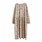 Johnature Autumn Vintage Print Naiste kleidid Jaapani O-kaelusega render, T&auml;isvarrukatega avarad naiste kleidid One Size helehall v&auml;rv