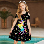 T&uuml;drukud Shining Star Steed Print Kleidid Lapsed T&uuml;drukutele Pidulik Kleit Printsess Kleit L&uuml;hikeste Varrukatega Kleit &uuml;le nelja aasta vana 80 must