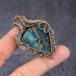 Natural Neon Blue Apatite Copper Wire Wrap Tree Of Life Pendant 2.4 b4o73