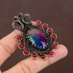 Natural Rainbow Solar Quartz,Garnet Gemstone Copper Wire Wrap Pendant 2.76 s3i54