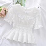 Naiste Lotus Leaf krae Sifonki s&auml;rk plisseeritud v&ouml;&ouml;kohaga &scaron;ifoonpluus pits kaelusega naiste top &uuml;hev&auml;rvilised k&auml;rbitud topid L valge