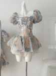 Ruudukujulise kaelusega elegantne magus uus kleit naistele haldja lipsuga peo minikleit naissoost l&uuml;hikeste varrukatega tr&uuml;kitud moodne boho rannakleit suvine S sinine