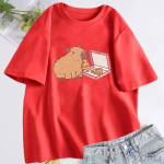 Naljakas Capybara Eating Pizza T-s&auml;rk Graafilise tr&uuml;kiga Armsad Topid Naiste T-s&auml;rk Puuvillased T-s&auml;rgid Riided S valge