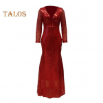 Naiste &otilde;htukleit, litrid s&uuml;gava V kaelusega, pikkade varrukatega, liibuvad kalasaba &auml;&auml;ris, litrid p&otilde;randa pikkusega &uuml;mbris seljaga, lukuga suletav Maxi kleit S punane