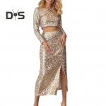 2 tk/komplekt Naiste pealisseelikuga &uuml;likond l&auml;ikiva litriga pikkade varrukatega O kaelusega l&uuml;hike v&ouml;&ouml;koht, k&otilde;rge v&ouml;&ouml;kohaga l&otilde;hestatud Slim Fit Club Party Midi seelikukomplekt M &scaron;ampanjav&auml;rvi