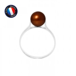 PERLINEA - Bague V&eacute;ritable Perle de Culture d'Eau Douce Ronde 7-8 mm - Colori Chocolat - Or Blanc - Bijou Femme