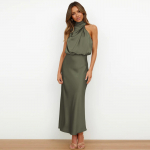 Naiste varrukateta trikotaažkaelusega kokteilikleidid lukuauguga elastne v&ouml;&ouml;koht, pulmak&uuml;laline satiinist k&otilde;rge l&otilde;hestatud keskkleit M armee roheline v&auml;rv