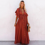 Bikiinid Cover Up Naiste Boheemian Beach Maxi Kleit Puuvillane V kaelus, volangidega Elegantne tuunika Ujumisriided R&uuml;&uuml;, Pikk Naiste One Size punane