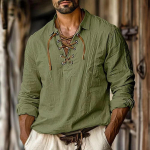 Meeste linased s&auml;rgid, pikkade varrukatega pits, V-kaelusega vabaaja pluus Kevad-suvi &otilde;hukesed ees T-s&auml;rgid Hingavad meeste riided L armee roheline v&auml;rv