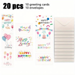1 komplekt (20 tk) Lihtsad s&uuml;nnip&auml;evakaardid ingliskeelse Happy Birthday sooviga - Sisaldab 10 &otilde;nnitluskaarti ja 10 &uuml;mbrikku 20pcs