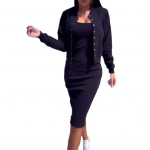 2 tk/komplekt Naiste mantli kleidikomplekt &Uuml;herealine &uuml;mara kaelusega pikkade varrukatega jope Skinny Slip Kleit S&uuml;gisene Midi-kleidi jope komplekt OL Pendel-kontor L must