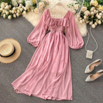 &Scaron;ikk elegantne kandiline krae maksikleit naiste massiivne &scaron;ifoonist puhvis varrukatega kleidid korea vintage volangidega Vestidos One Size