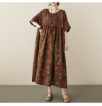 Pluss-suuruses naiste vintage lilleline &uuml;lisuur puuvillane kleit suvine lahtine vabaaja &uuml;mara kaelusega l&uuml;hikeste varrukatega elegantne boheemlaslik pikk kleit One Size