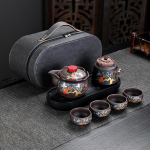 Lilla liivast k&auml;eshoitav pott reisitee komplekt, t&auml;ielik komplekt, &uuml;ks teekann, kolm tassi, teepott, ekspress-tass, kaasaskantav kott