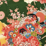 Nippon Chuko NBK Ichigoe Chirimen Yuzen Klassikaline Lilleline Roheline 73cm Lai x 1m L&otilde;ige Muster, Umbes.