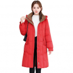 Naiste talve sulemantel paksendatud polsterdatud kapuutsiga taskud lukuga suletav p&otilde;lvepikkus tuulekindel soojust hoidev igap&auml;evane k&uuml;lma ilmaga v&auml;lir&otilde;ivad puuvillane jope L punane