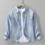 Jaapani Retro Sinine Denim S&auml;rk Meestele Pikk Varrukas Streetwear Kahe Taskuga Jeans S&auml;rgid Puuvillased Cowboy Topid Vabaaja M helesinine v&auml;rv