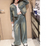 S&uuml;gis Teismelise T&uuml;druku Retro Denim R&otilde;ivaste &Uuml;likond &Uuml;mar Kaelus Denim Jakk ja Sirge S&auml;&auml;rega Jeansid 2-osaline &Uuml;likond Lapse R&otilde;ivad 170