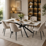 Automaatselt pikendatav ristk&uuml;likukujuline s&ouml;&ouml;gilaud, P150/180 x L70 x K76 cm, Ristjalgade disain, Marmorist struktuur, Must ja Valge[VANA SKU:N634P167774] 180 x 70 x 75.5 cm