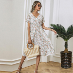 Suvine s&uuml;gis lilleprinteriga pikk kleit naistele vabaaja V-kaelusega l&uuml;hikeste varrukatega k&otilde;rge v&ouml;&ouml;kohaga &otilde;huke S-XL S valge