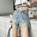 Uus moedisain Ripped Denim l&uuml;hikesed p&uuml;ksid Seksikad &otilde;hukesed naiste laia s&auml;&auml;rega p&uuml;ksid Suvised kuumad p&uuml;ksid k&otilde;rge v&ouml;&ouml;kohaga Disainiga teksap&uuml;ksid S sinine