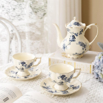 3tk/komplekt Vintage Floral Teekomplekt, Teetassid (240 ml), Teekann (900 ml), Hiina teekomplekt, teeserviis, teetasside ja alustasside komplekt t&auml;iskasvanutele, portselanist teekomplekt sinine