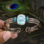 Natural Caribbean Larimar Gemstone Copper Wire Wrap Cuff Bangle Adjustable l9i21