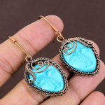 Natural Blue Cameo Face Gemstone Handmade Copper Wire Wrap Earring 2.36 u7t47