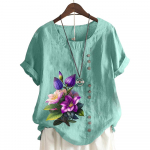 Naiste puuvillane vabaaja topp 6 liblikas liblikas taimemustriga, j&auml;rvesinine, &uuml;mara kaelusega, l&uuml;hikeste varrukatega S