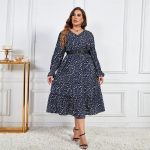 Naiste pikkade varrukatega V-kaelusega lillemustriga kleit, k&otilde;rge v&ouml;&ouml;kohaga, &otilde;huke, mugav ja hingav pikk kleit, moodne vabaaja suures suuruses rannakleit XL sinine