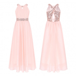 T&uuml;drukute varrukateta litriga pulmakleit pruutneitsi maapikkuses sifonkipeokleit pidulik &otilde;htukleit lastele balli ballile 3-4 Years roosa